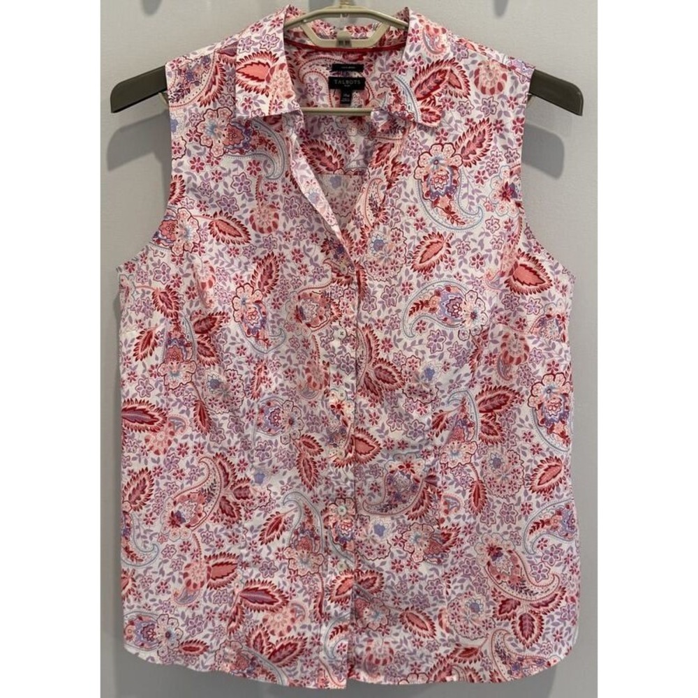 Talbots Plus Non Iron Sleeveless Button Front Shirt Pink Paisley Print Size 14W